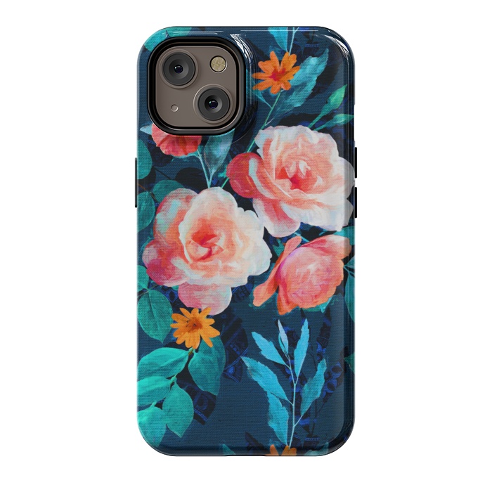 iPhone 14 StrongFit Retro Rose Chintz in Bright Coral and Peach on Indigo Blue by Micklyn Le Feuvre