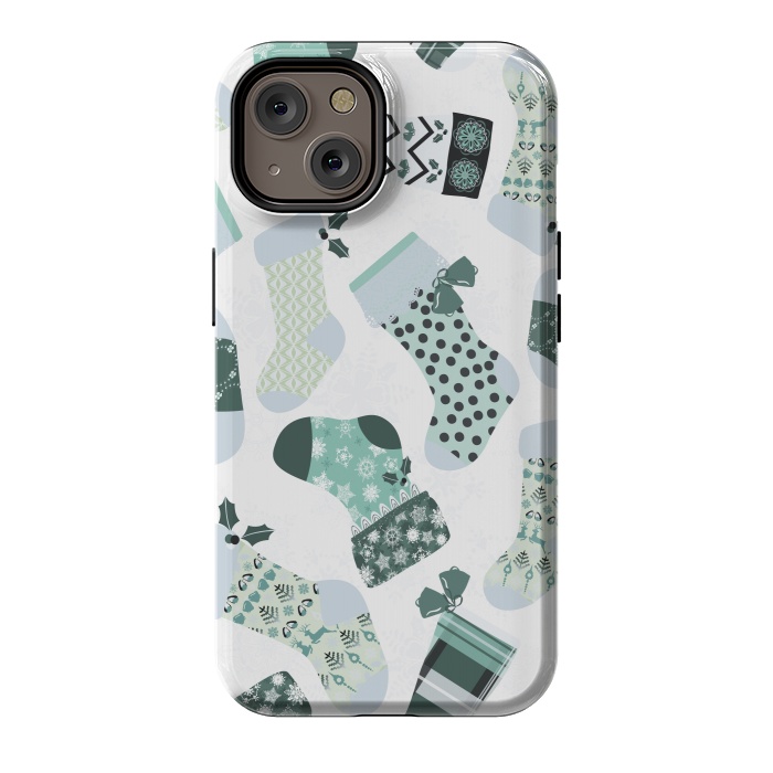 iPhone 14 StrongFit Christmas Stockings in Green and White by Paula Ohreen