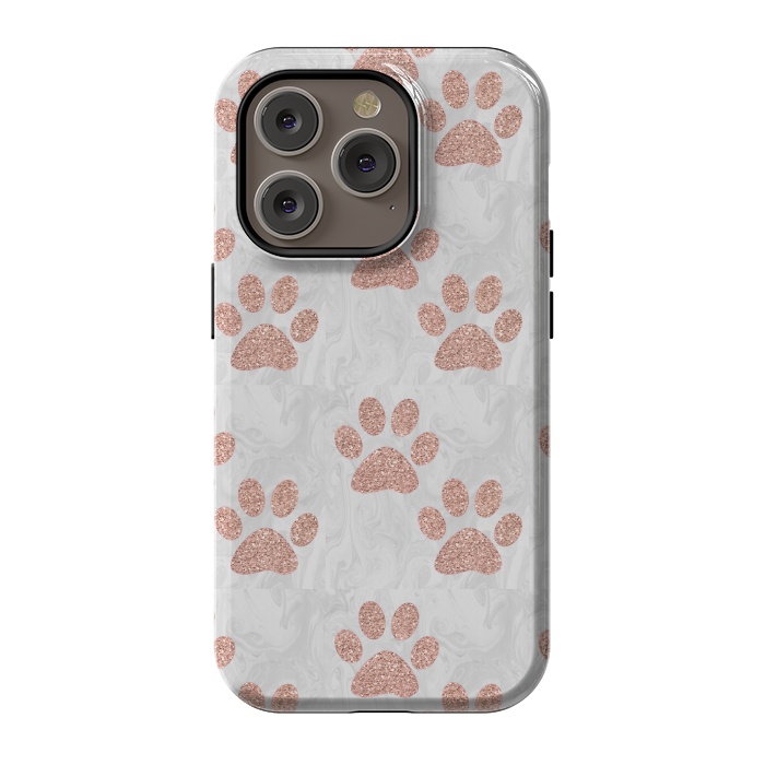iPhone 14 Pro StrongFit Rose Gold Paw Prints on Marble by Julie Erin Designs