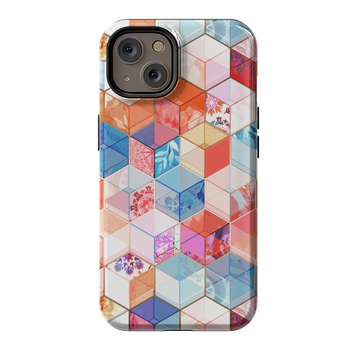 iPhone 14 StrongFit Coral, Cream and Cobalt Kaleidoscope Cubes by Micklyn Le Feuvre