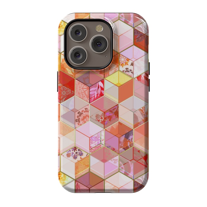 iPhone 14 Pro StrongFit Gold and Garnet Kaleidoscope Cubes by Micklyn Le Feuvre