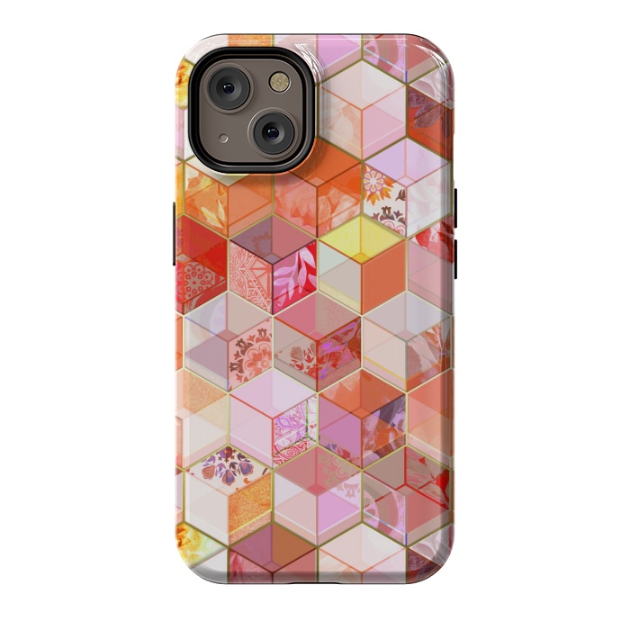 iPhone 14 StrongFit Gold and Garnet Kaleidoscope Cubes by Micklyn Le Feuvre