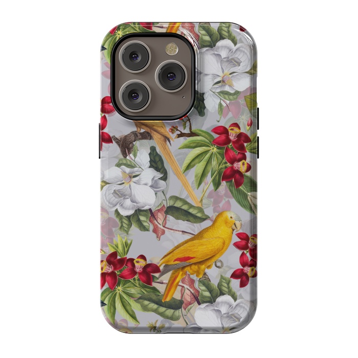 iPhone 14 Pro StrongFit Antique Yellow Parrots in Flower Jungle by  Utart