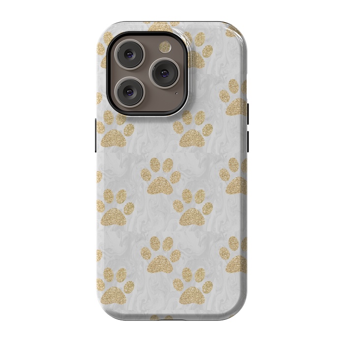 iPhone 14 Pro StrongFit Gold Paw Prints on Marble by Julie Erin Designs