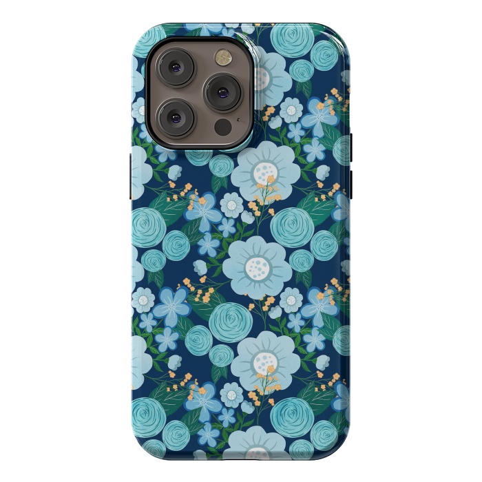 iPhone 14 Pro max StrongFit Cute Girly Blue Hand Drawn Flowers Pattern by InovArts