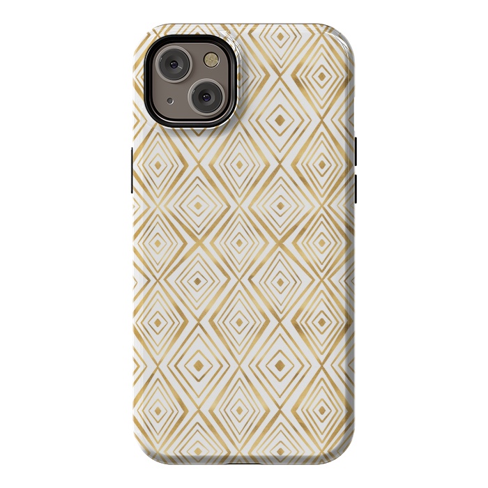 iPhone 14 Plus StrongFit Stylish Gold Diamond Shapes Doodles White Pattern by InovArts