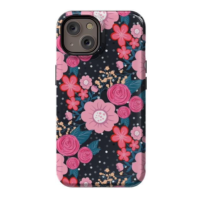 iPhone 14 StrongFit Pretty girly pink Floral Silver Dots Gray design by InovArts