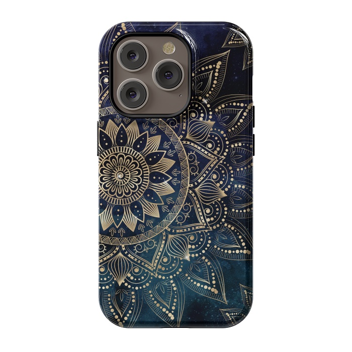 iPhone 14 Pro StrongFit Elegant Gold Mandala Blue Galaxy Design by InovArts