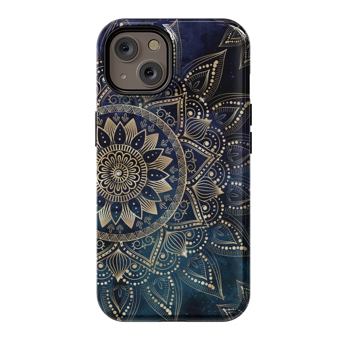 iPhone 14 StrongFit Elegant Gold Mandala Blue Galaxy Design by InovArts