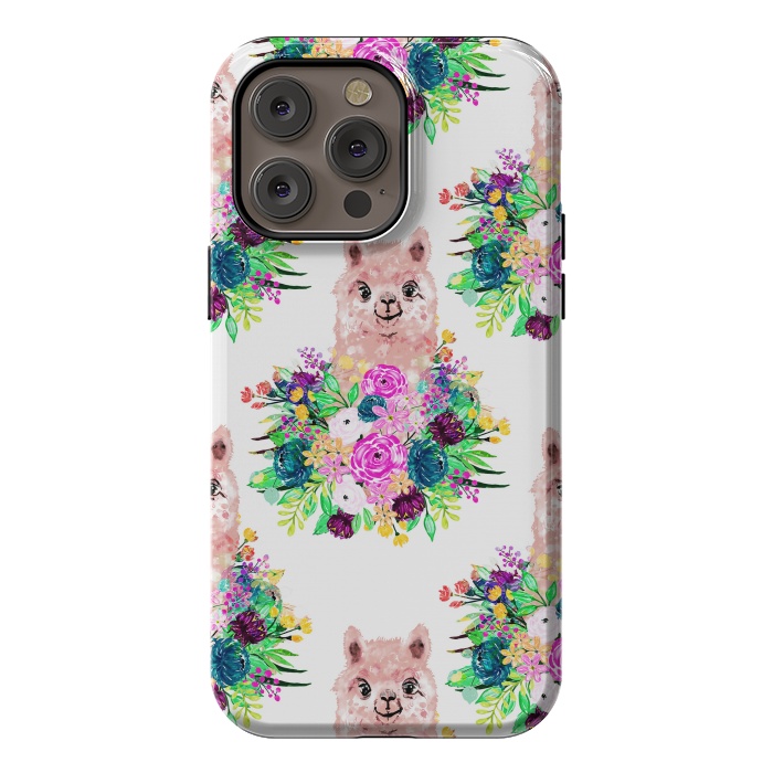 iPhone 14 Pro max StrongFit Cute Pink Alpaca and Flowers Watercolor paint by InovArts