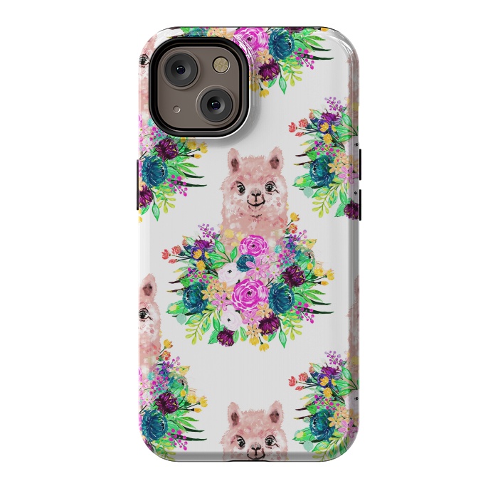 iPhone 14 StrongFit Cute Pink Alpaca and Flowers Watercolor paint by InovArts