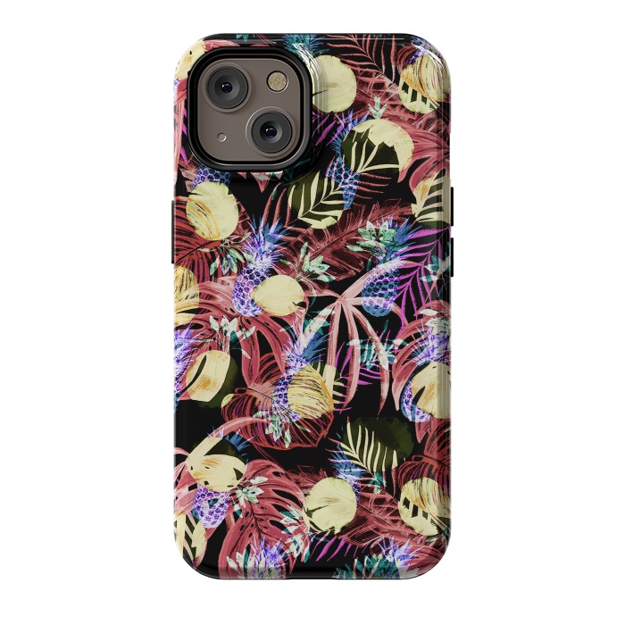 iPhone 14 StrongFit Colourful painted tropical leaves and pineapples by Oana 