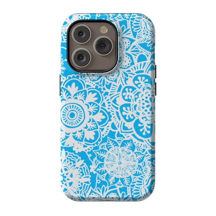 iPhone 14 Pro StrongFit Blue and White Mandala Pattern by Julie Erin Designs