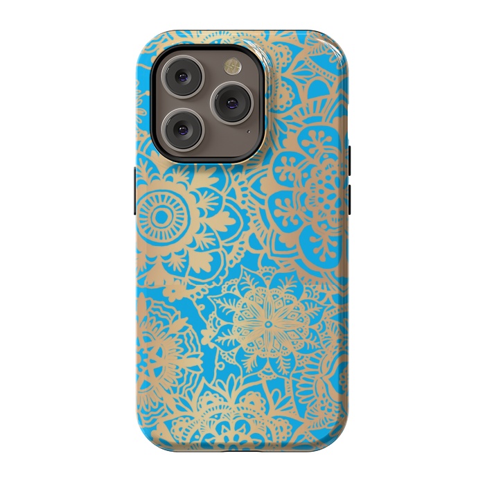 iPhone 14 Pro StrongFit Light Blue and Gold Mandala Pattern by Julie Erin Designs