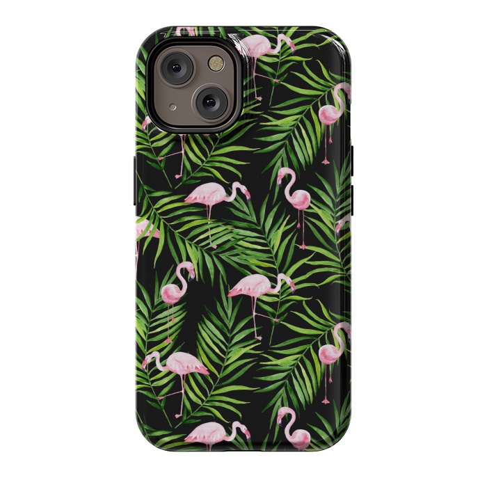 iPhone 14 StrongFit Pink flamingo ang palm leaves by Julia Badeeva