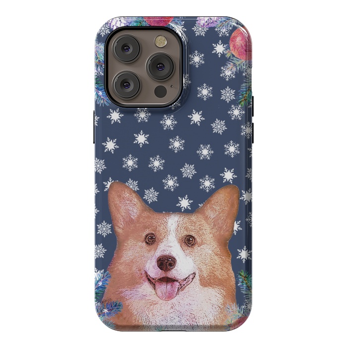iPhone 14 Pro max StrongFit Corgi, snowflakes and winter decorations by Oana 