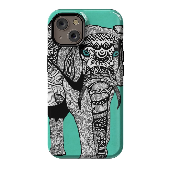 iPhone 14 StrongFit Turquoise Elephant by Pom Graphic Design