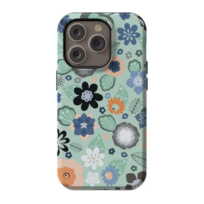 iPhone 14 Pro StrongFit Kitsch 70s Flowers in Light Blue by Paula Ohreen