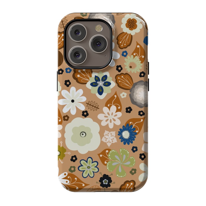 iPhone 14 Pro StrongFit Kitsch 70s Flowers in Classic Blue and Brown by Paula Ohreen