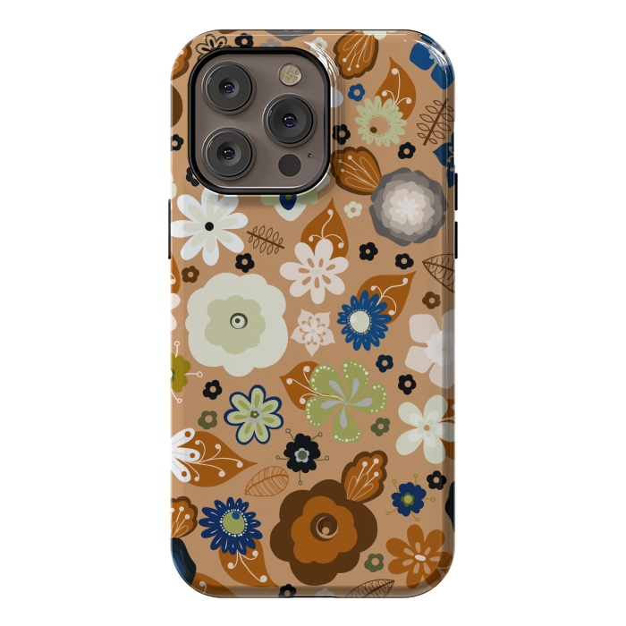 iPhone 14 Pro max StrongFit Kitsch 70s Flowers in Classic Blue and Brown by Paula Ohreen
