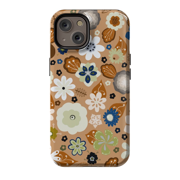 iPhone 14 StrongFit Kitsch 70s Flowers in Classic Blue and Brown by Paula Ohreen
