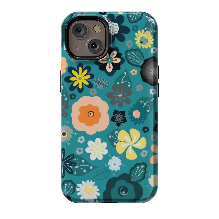iPhone 14 StrongFit Kitsch 70s Flowers in Classic Blue and Yellow by Paula Ohreen