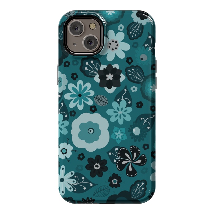 iPhone 14 Plus StrongFit Kitsch 70s Flowers in Monochrome Classic Blue by Paula Ohreen