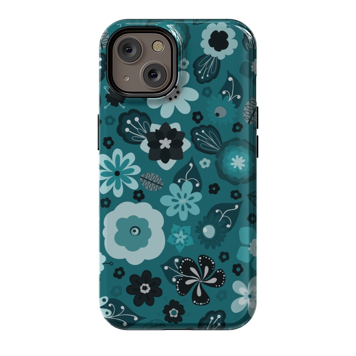 iPhone 14 StrongFit Kitsch 70s Flowers in Monochrome Classic Blue by Paula Ohreen