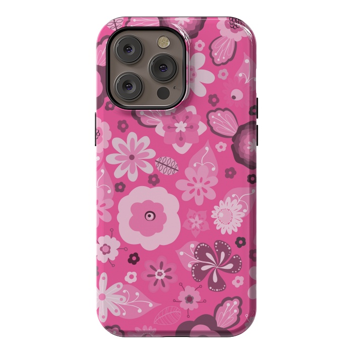 iPhone 14 Pro max StrongFit Kitsch 70s Flowers in Bright Pink Hues by Paula Ohreen