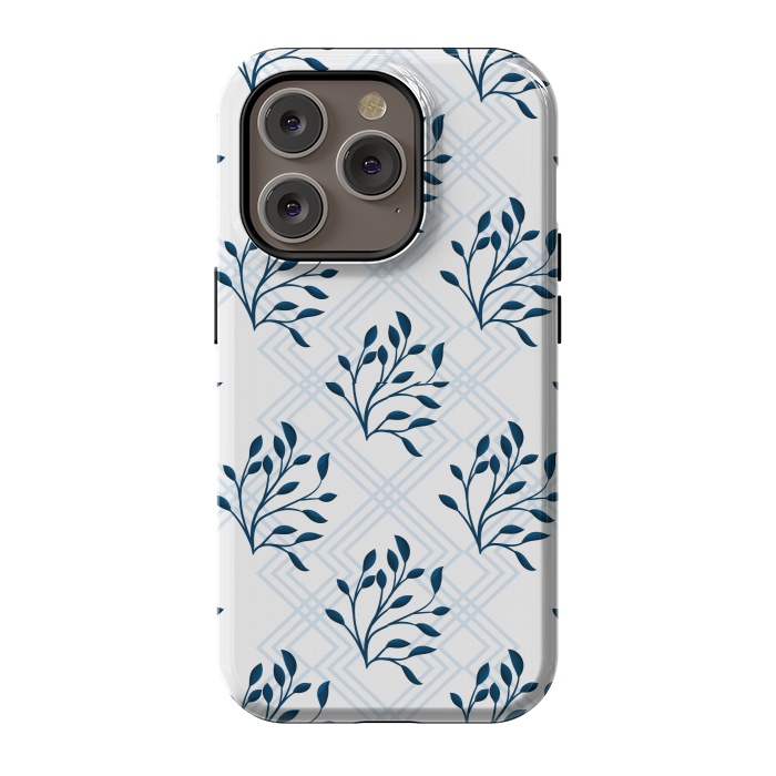 iPhone 14 Pro StrongFit checks leaf pattern blue by MALLIKA