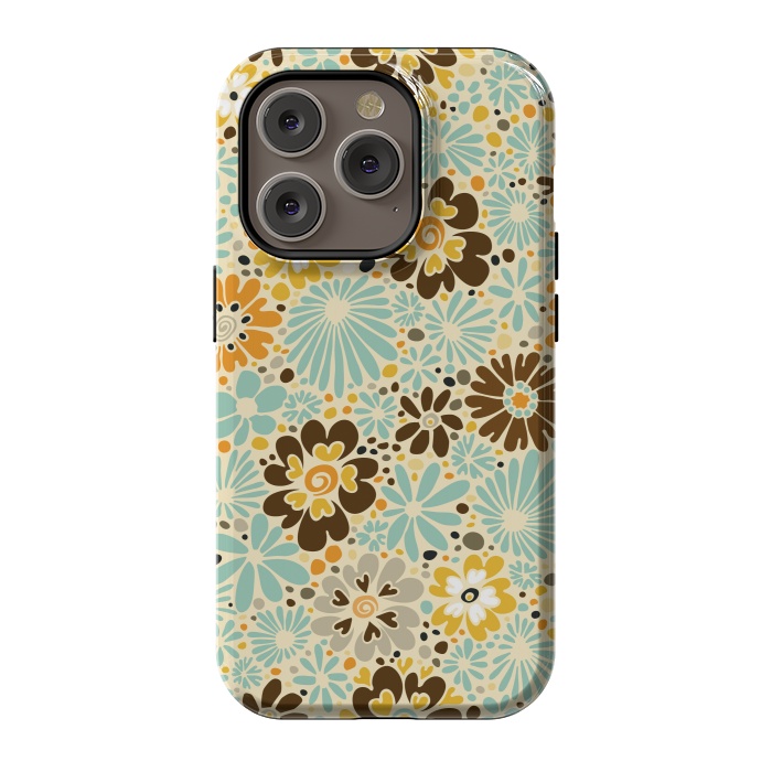 iPhone 14 Pro StrongFit 70s Valentine Flowers in Orange, Brown and Blue by Paula Ohreen