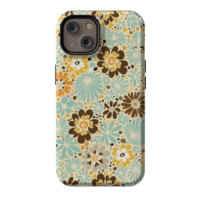 iPhone 14 StrongFit 70s Valentine Flowers in Orange, Brown and Blue by Paula Ohreen