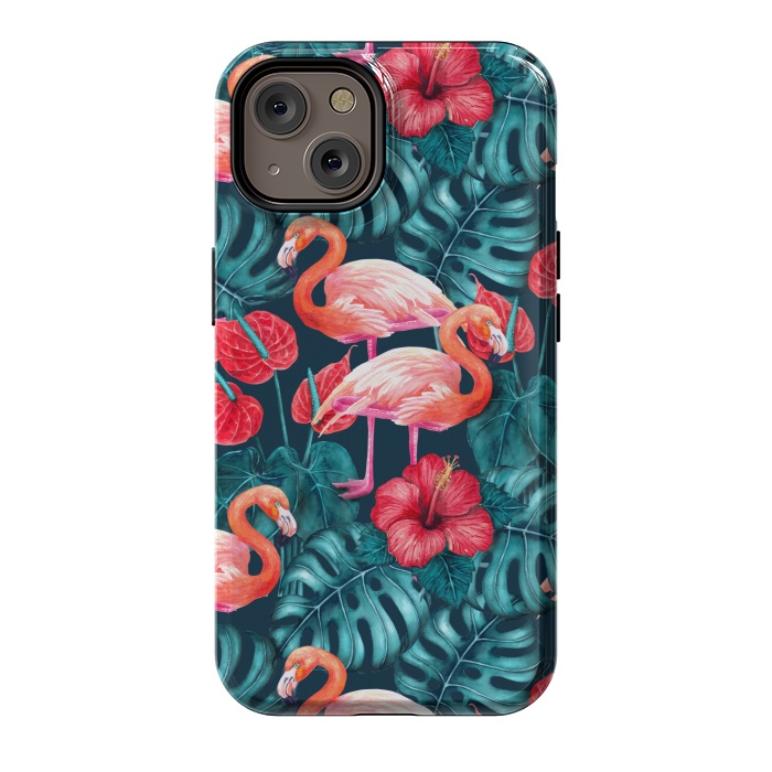 iPhone 14 StrongFit Flamingo birds and tropical garden watercolor by Katerina Kirilova