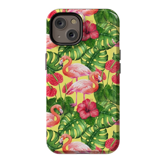 iPhone 14 StrongFit Flamingo birds and tropical garden watercolor 2 by Katerina Kirilova
