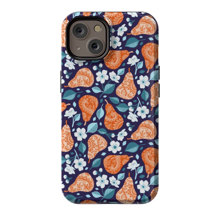 iPhone 14 StrongFit Cheerful Pears in Orange on Navy Blue by Micklyn Le Feuvre