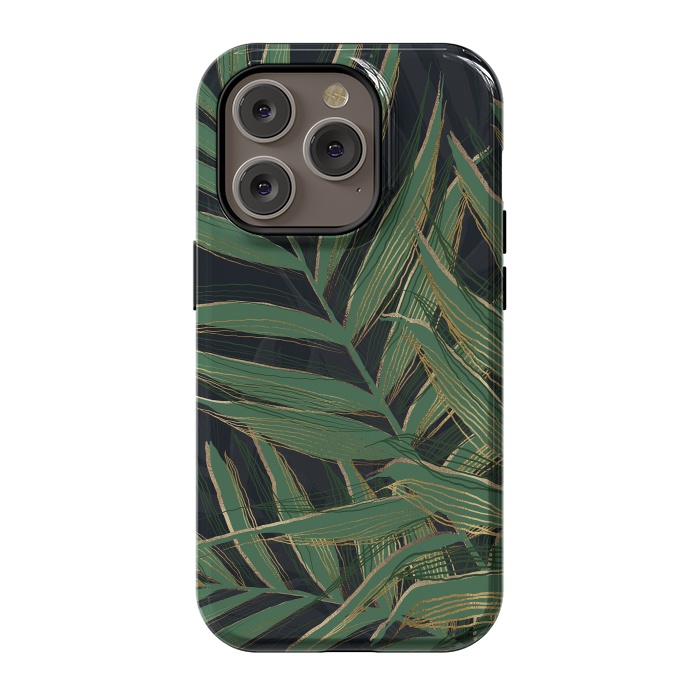 iPhone 14 Pro StrongFit Trendy Green Palm Leaves Gold Strokes Gray Design by InovArts