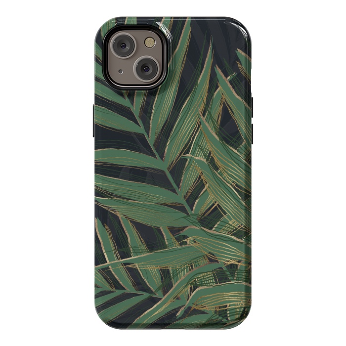 iPhone 14 Plus StrongFit Trendy Green Palm Leaves Gold Strokes Gray Design by InovArts