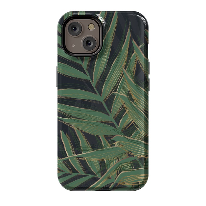 iPhone 14 StrongFit Trendy Green Palm Leaves Gold Strokes Gray Design by InovArts