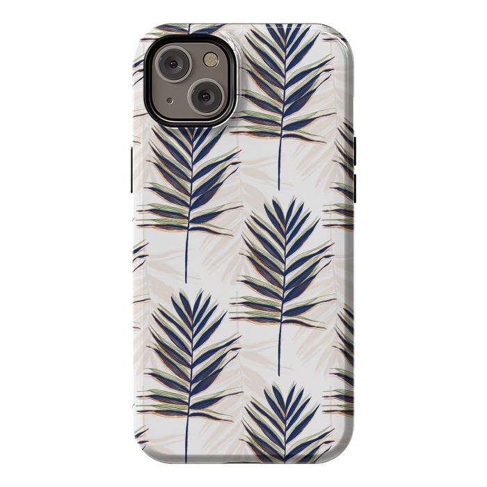 iPhone 14 Plus StrongFit Modern Blue Palm Leaves Gold Strokes White Design by InovArts