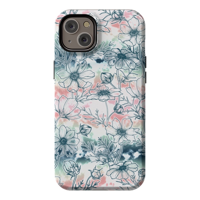 iPhone 14 Plus StrongFit Fields of Cosmos in Coral, Mint and Navy Tied Dye by gingerlique