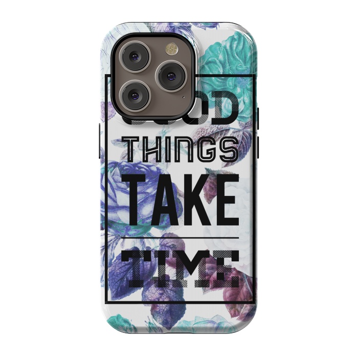 iPhone 14 Pro StrongFit Good things take time motivational typography vintage blue roses by Oana 