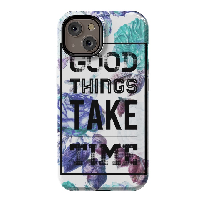 iPhone 14 StrongFit Good things take time motivational typography vintage blue roses by Oana 