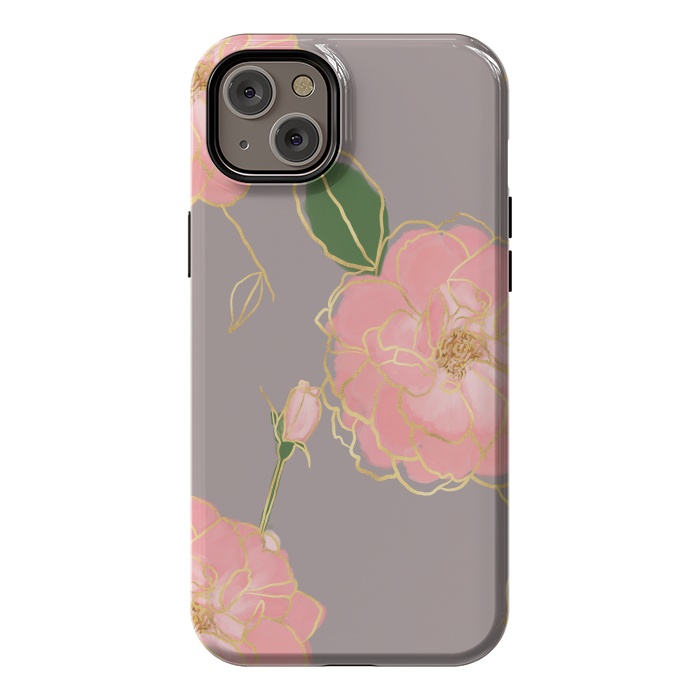 iPhone 14 Plus StrongFit Elegant Pink & Gold Watercolor Roses Gray Design by InovArts
