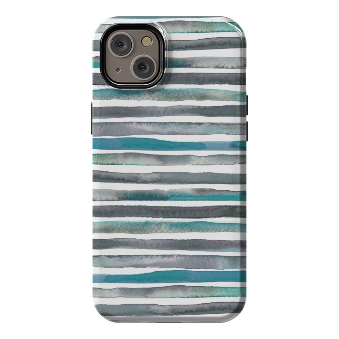 iPhone 14 Plus StrongFit Watercolor Stripes and Lines Blue Aqua by Ninola Design