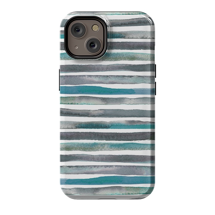 iPhone 14 StrongFit Watercolor Stripes and Lines Blue Aqua by Ninola Design