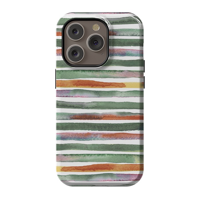 iPhone 14 Pro StrongFit Watercolor Stripes and Lines Green Orange by Ninola Design