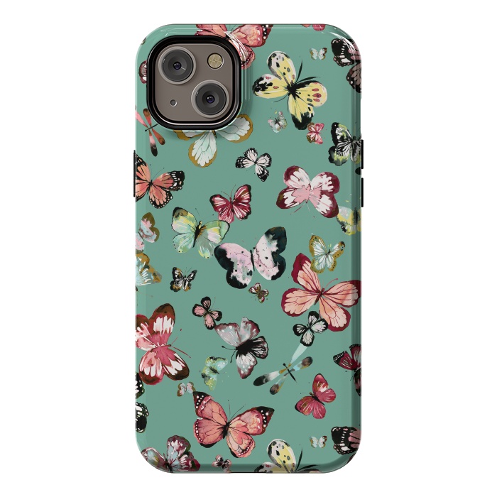 iPhone 14 Plus StrongFit Flying Butterflies Watercolor Teal by Ninola Design