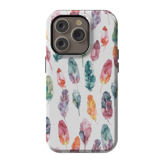iPhone 14 Pro StrongFit Bohemian Feathers Watercolor Colorful by Ninola Design
