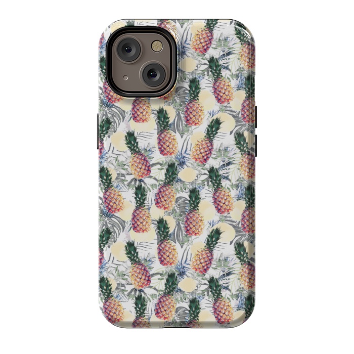 iPhone 14 StrongFit Pineapples and tropical leaves colorful pattern by Oana 