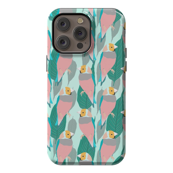 iPhone 14 Pro max StrongFit Trendy Pink Rainbow Finch Bird & Green Foliage Design by InovArts